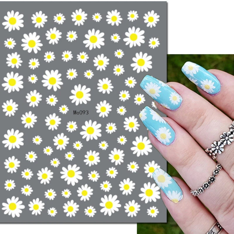 3d Nail Art Decals Summer Daisy Fruits White Florals Petals Flowers Adhesive Sliders Nail Stickers