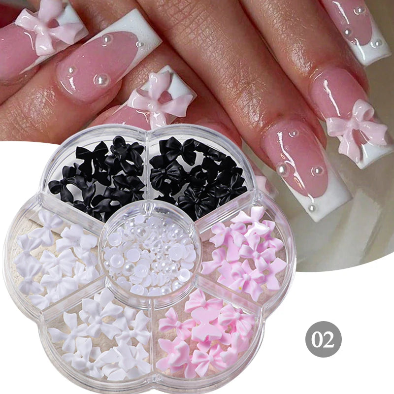 Mix Colour Jelly Ribbon Bowknot & Pearl Nail Charms – 3D Nail Art Decorations