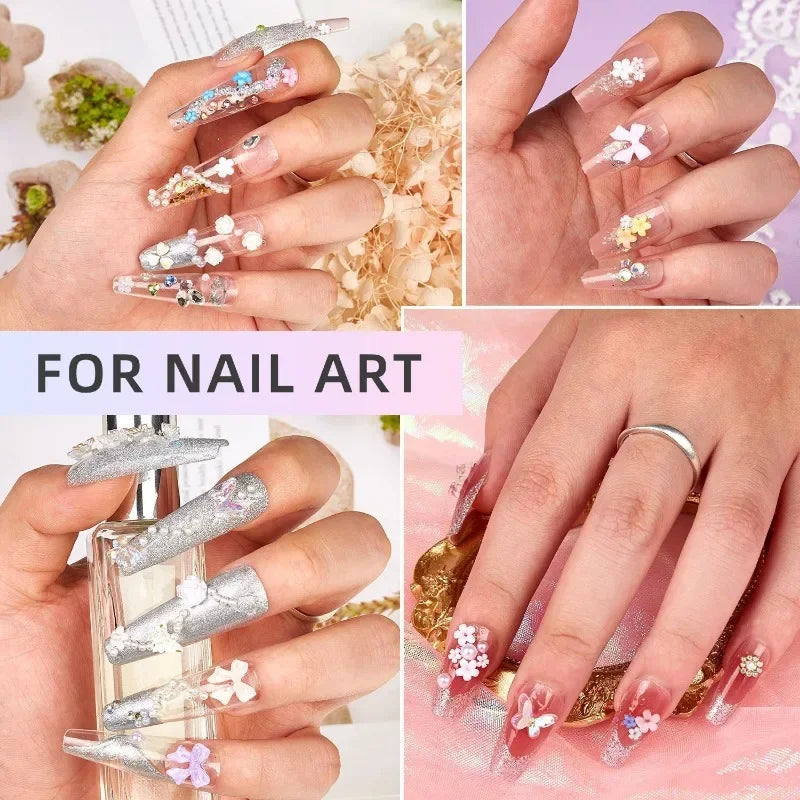 Mixed Acrylic 3D Nail Art Decorations - Flower Charms, Gold Beads, Caviar Pearls & Rhinestones