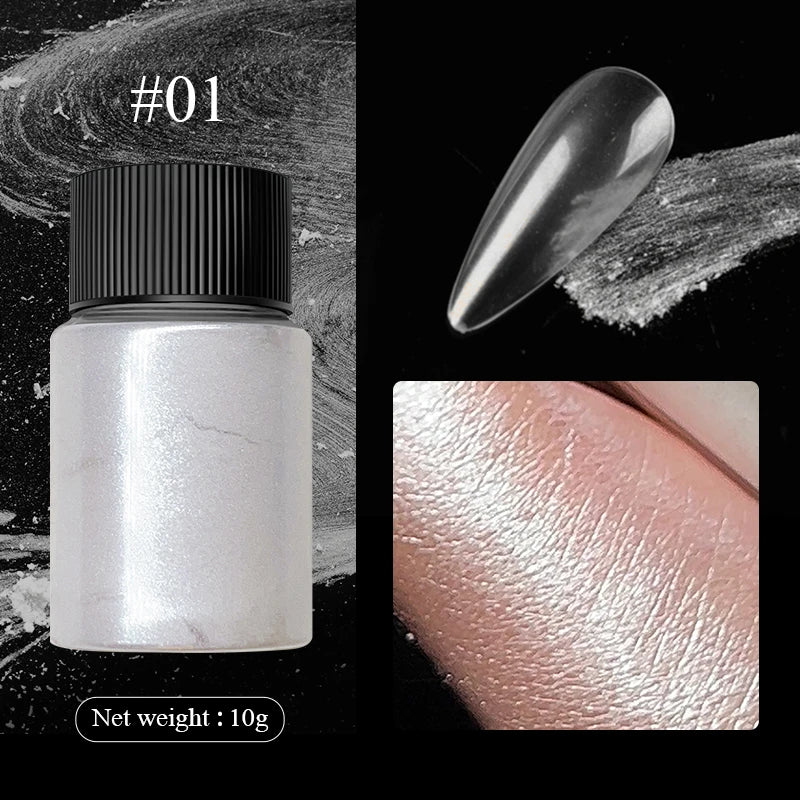 Aurora Pearl White Nail Glitter Powder – Chrome Moonlight Shell Mirror Pigment for UV Gel Nail Art