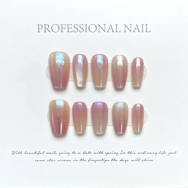 10Pcs Cat Eye Handmade Press-On Nails – Gradient French Ballerina Artificial Nail Tips