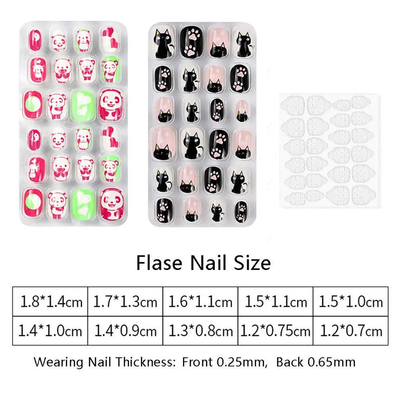 24Pcs Kids Press-On Nails – Cartoon Style, Full Cover Fake Nails, Stick-On Nail Decor for Girls