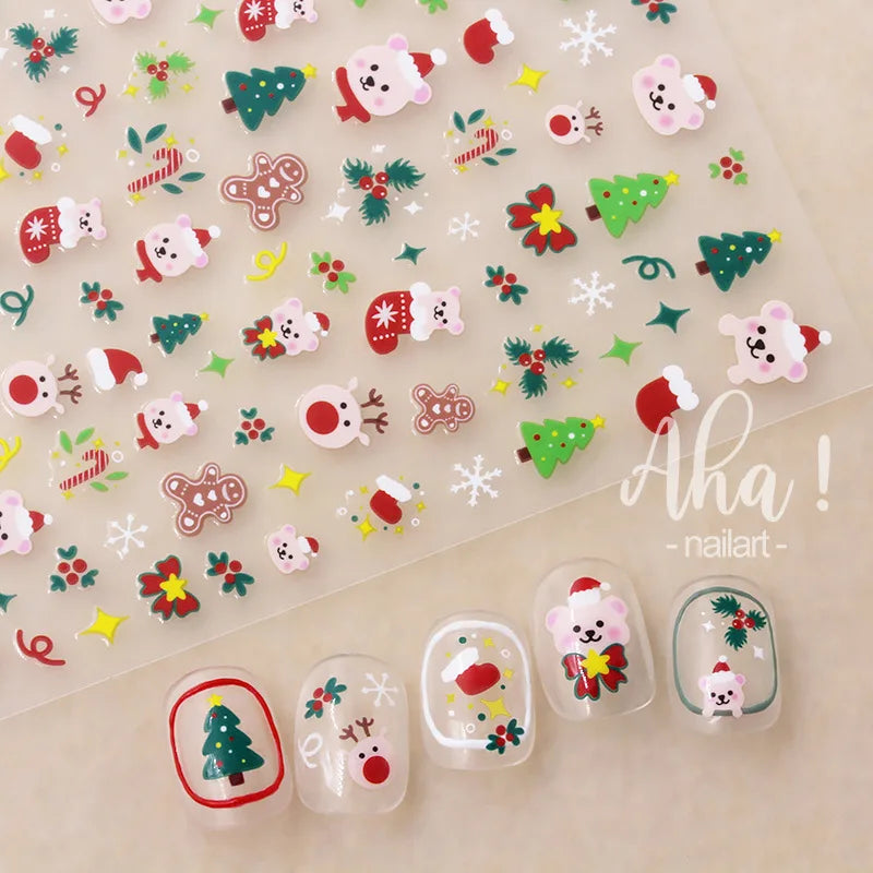 Christmas Nail Art Stickers – 3D Santa Claus & Elk Snowflake Decals for Festive Manicures