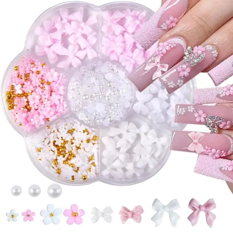 Mixed Acrylic 3D Nail Art Decorations - Flower Charms, Gold Beads, Caviar Pearls & Rhinestones