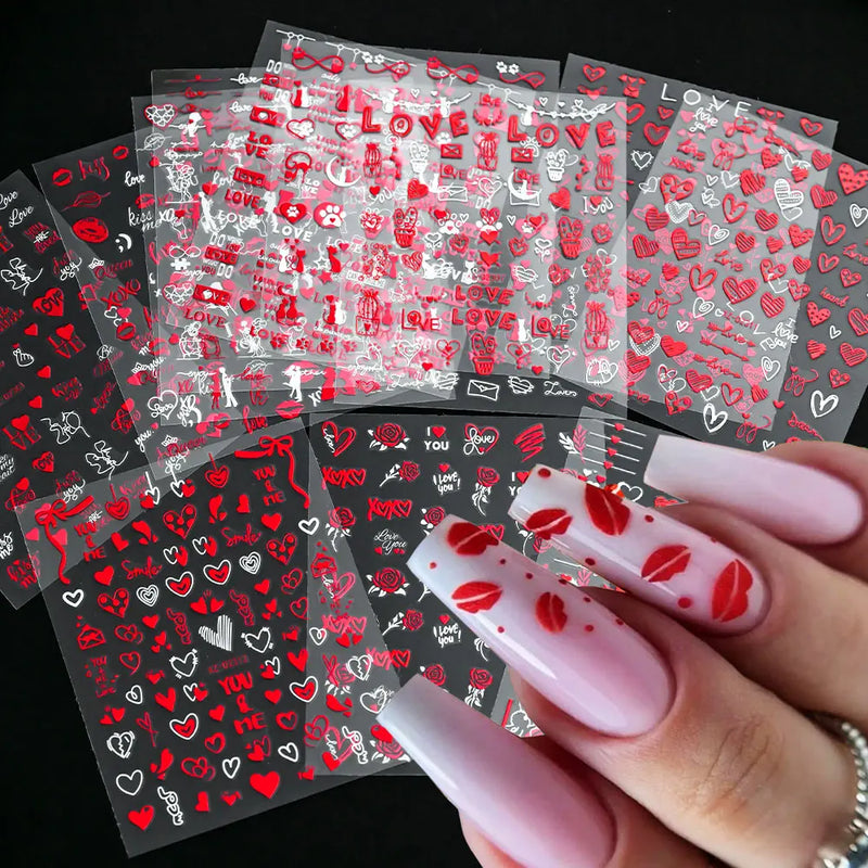 Valentine’s Day Nail Stickers – Red Lips & Love Heart Self-Adhesive Nail Decals (4/6/8/12 Pcs)