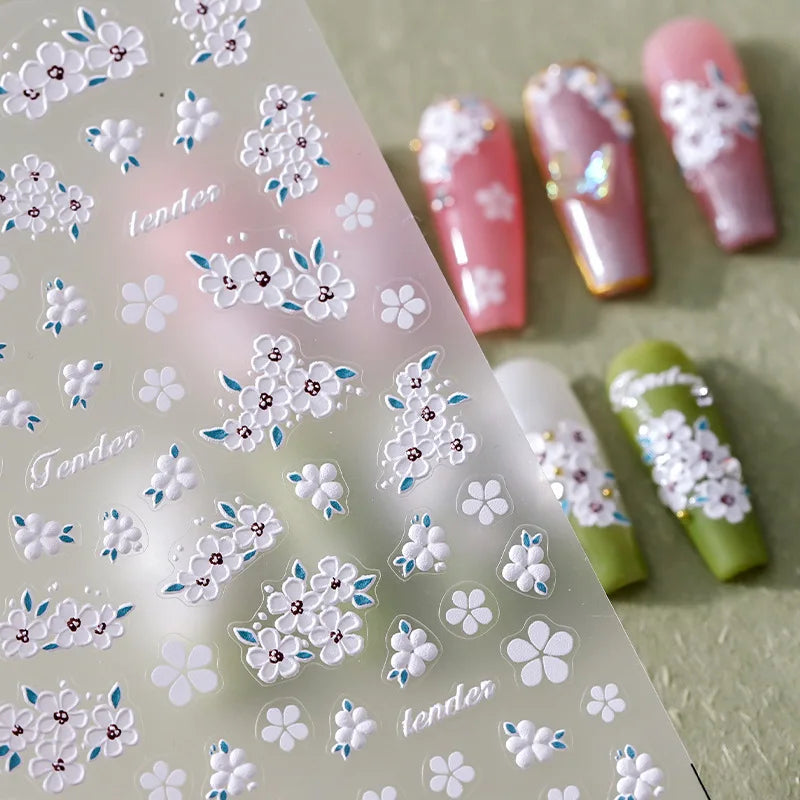 Acrylic Engraved Nail Sticker Holographi Blue Flowers Gold Line Self-Adhesive Nail Transfer Sliders