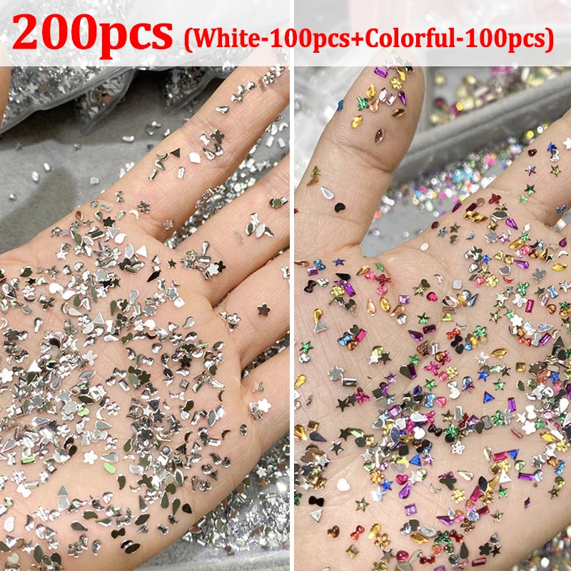 600/100pcs Mixed Shape Nail Rhinestones – Mini Flat Back Crystal Stones for 3D Nail Art Design