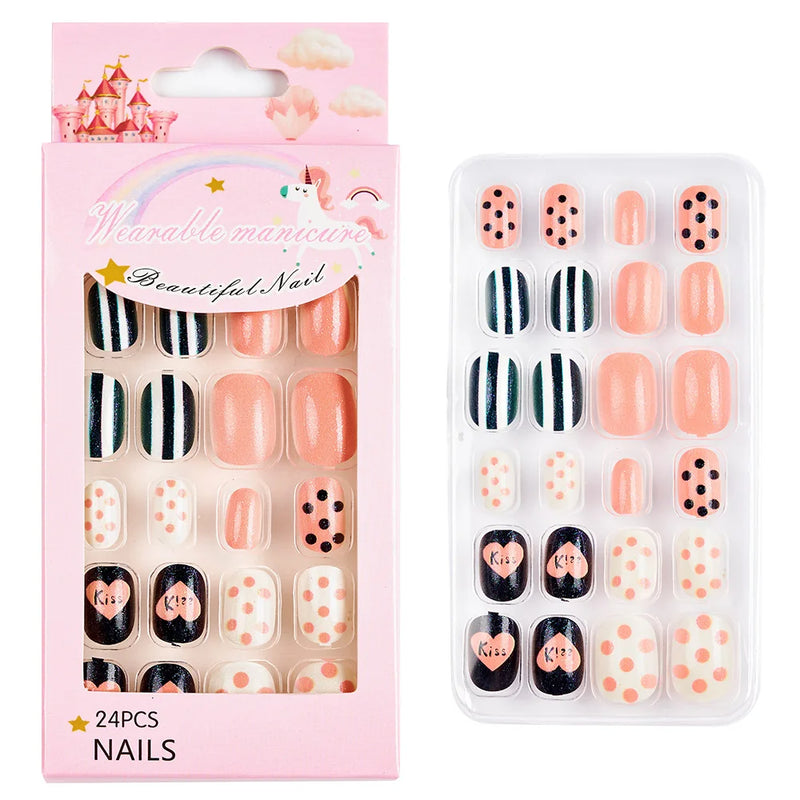 24Pcs Kids Press-On Nails – Cartoon Candy Design, Full Cover Fake Nails for Girls