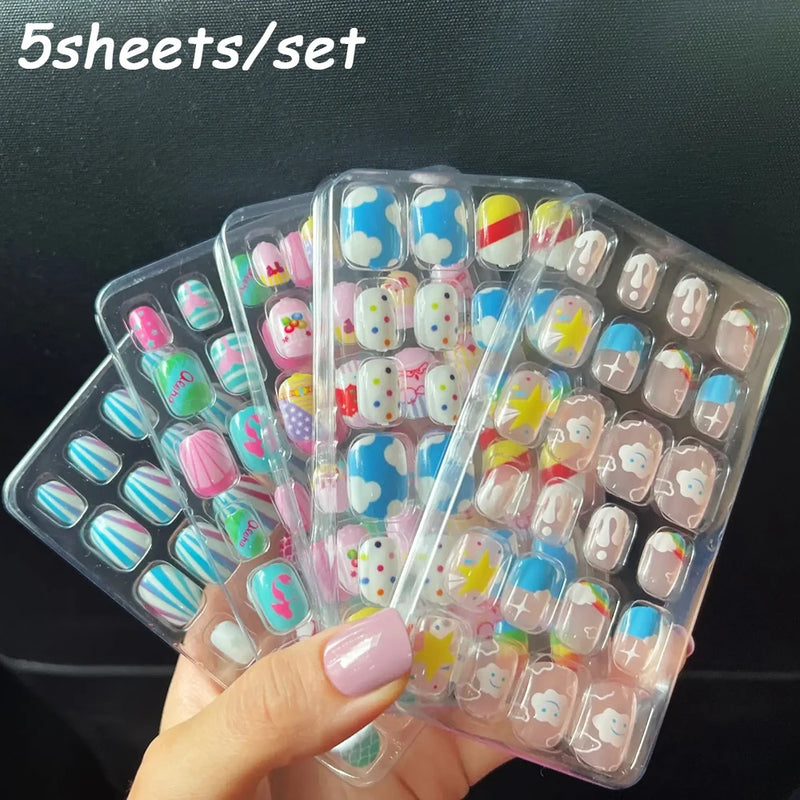 120Pcs Cute Cartoon Press-On Nails for Kids – 5 Packs Full Cover Fake Nails with Jelly Glue