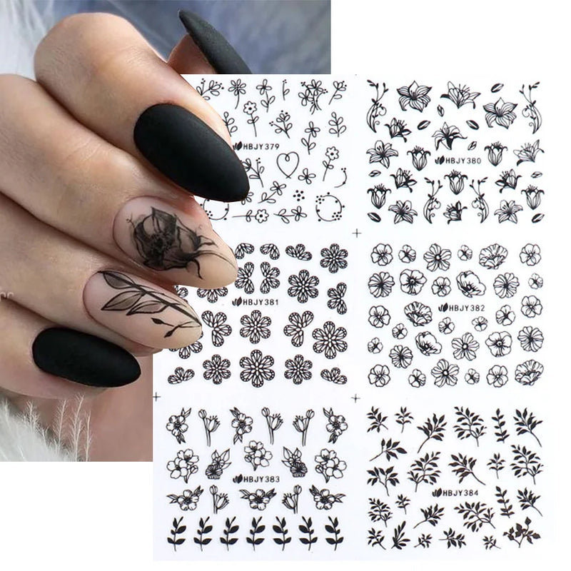 12PCS / Set Black Nail Stickers Flower Leaf Necklace 3D Sliders Decal Gel Polish Sticker DIY Design