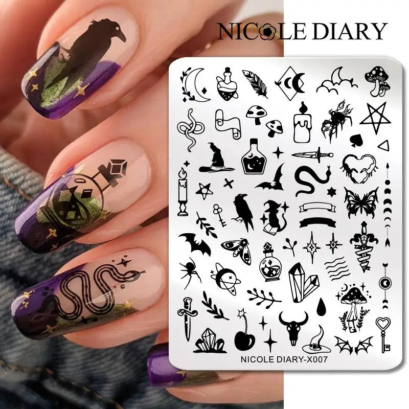 NICOLE DIARY Nail Stamping Plate – Leaves, Flowers, Geometric Stripes & More- Nail Art Stencil