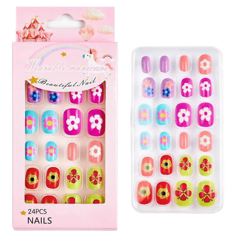 24Pcs Kids Press-On Nails – Cartoon Candy Design, Full Cover Fake Nails for Girls