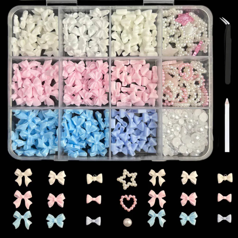 Mixed Acrylic 3D Nail Art Decorations - Flower Charms, Gold Beads, Caviar Pearls & Rhinestones