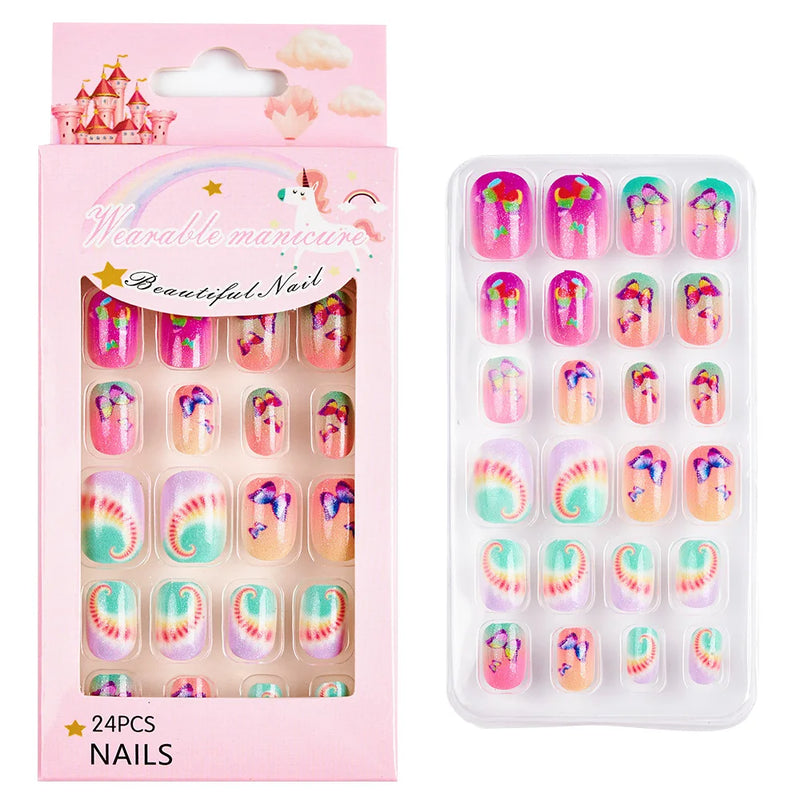 24Pcs Kids Press-On Nails – Cartoon Candy Design, Full Cover Fake Nails for Girls