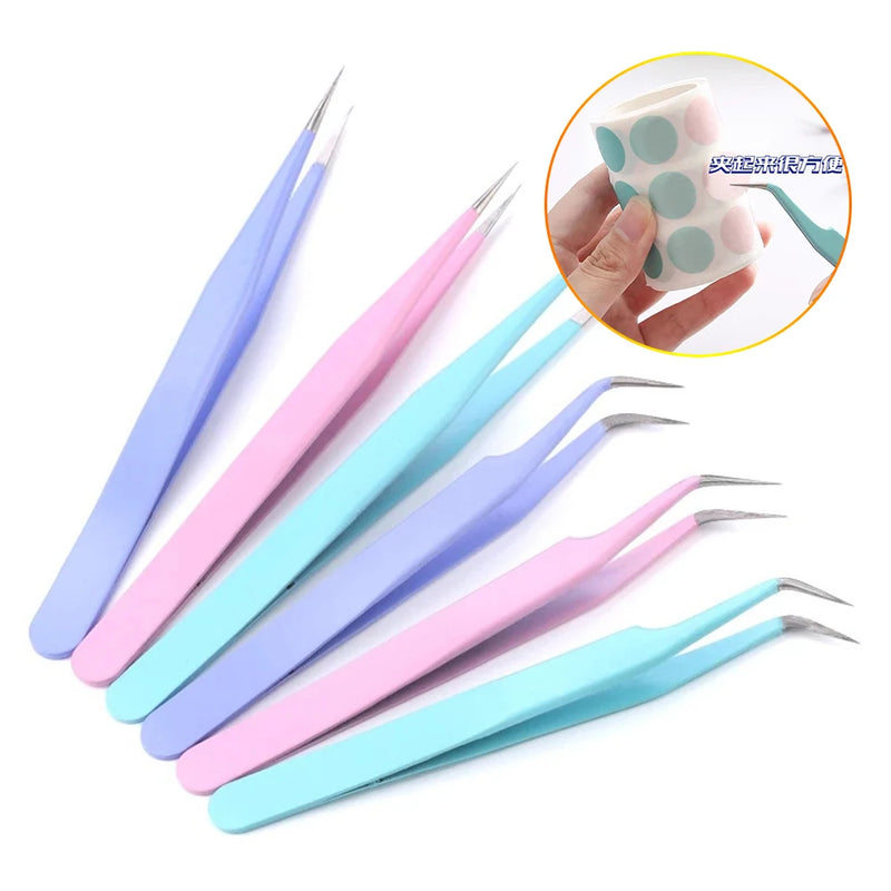 2Pcs Macaron Stainless Steel Tweezers – Straight & Curved Pointed Nail Art Tool