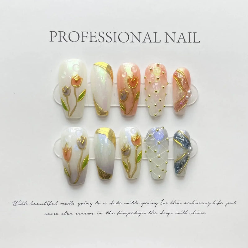 10Pcs Handmade Long Ballet Press-On Nails – Blue 3D Ocean Moon Rhinestone Full Cover Fake Nails