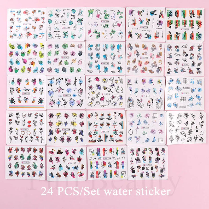 24pcs / Set Spring Summer nail Sticker Water Decal Nail Art Ink Flowers Leaves Graffiti Slider Nail