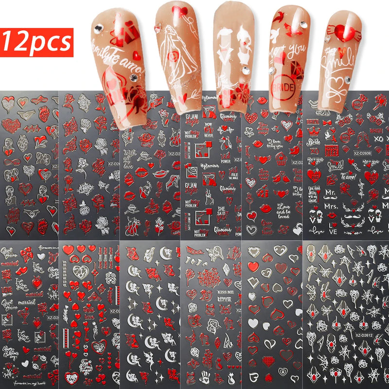 Valentine’s Day Nail Stickers – Red Lips & Love Heart Self-Adhesive Nail Decals (4/6/8/12 Pcs)