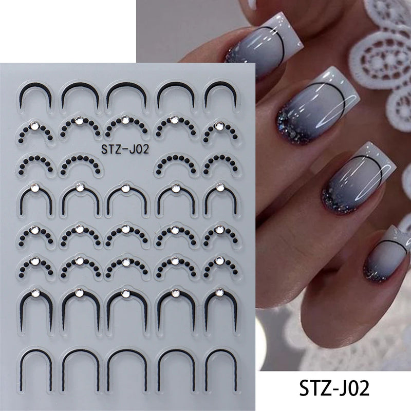 3D Rhinestone French Tip Nail Stickers – Gold & Silver Retro Wave Line Design for DIY Nail Art