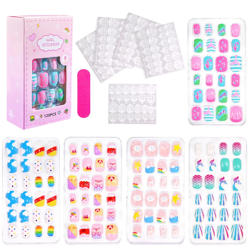 120Pcs Cute Cartoon Press-On Nails for Kids – 5 Packs Full Cover Fake Nails with Jelly Glue