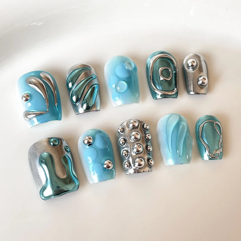 10Pcs Handmade Press-On Nails – Short, Sweet & Cool Full Cover Design, Round Head Fake Nails