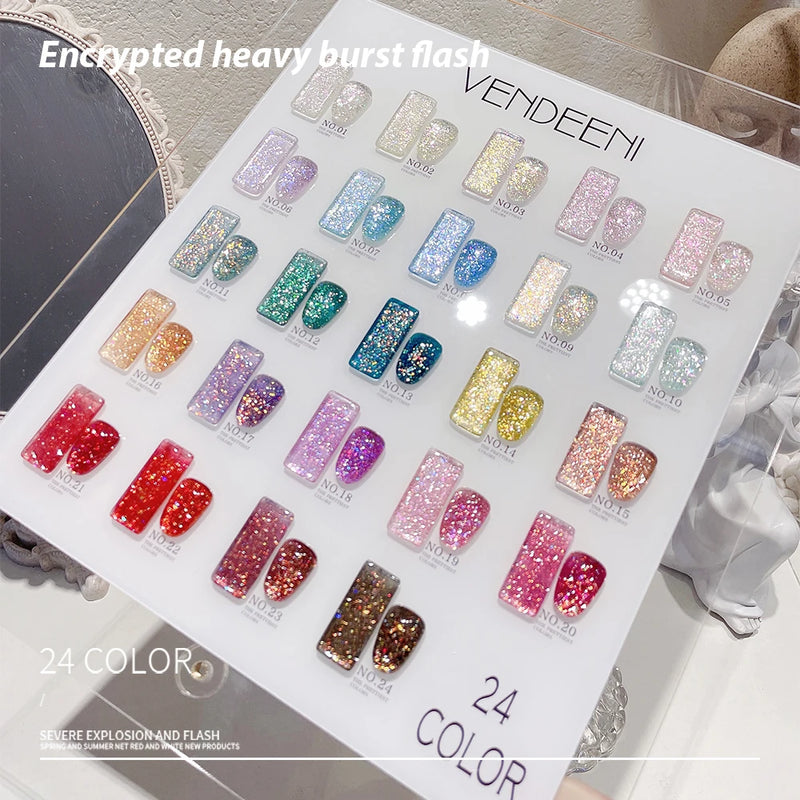 VENDEENI 24 ColoUrs High Density Glitter Nail Gel Polish – Sparkling UV Soak Off Nail Gel