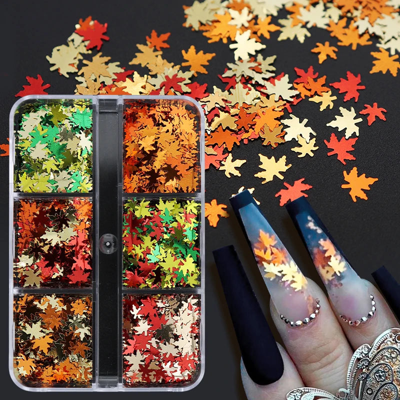 6 Grids Orange Maple Leaves Nail Glitter Sequins Mixed Shiny Fallen Leaf Flakes Autumn Nail Art