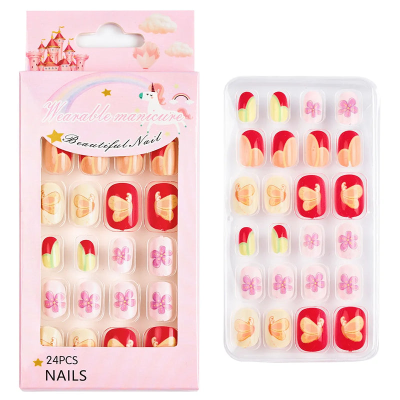 24Pcs Kids Press-On Nails – Cartoon Candy Design, Full Cover Fake Nails for Girls