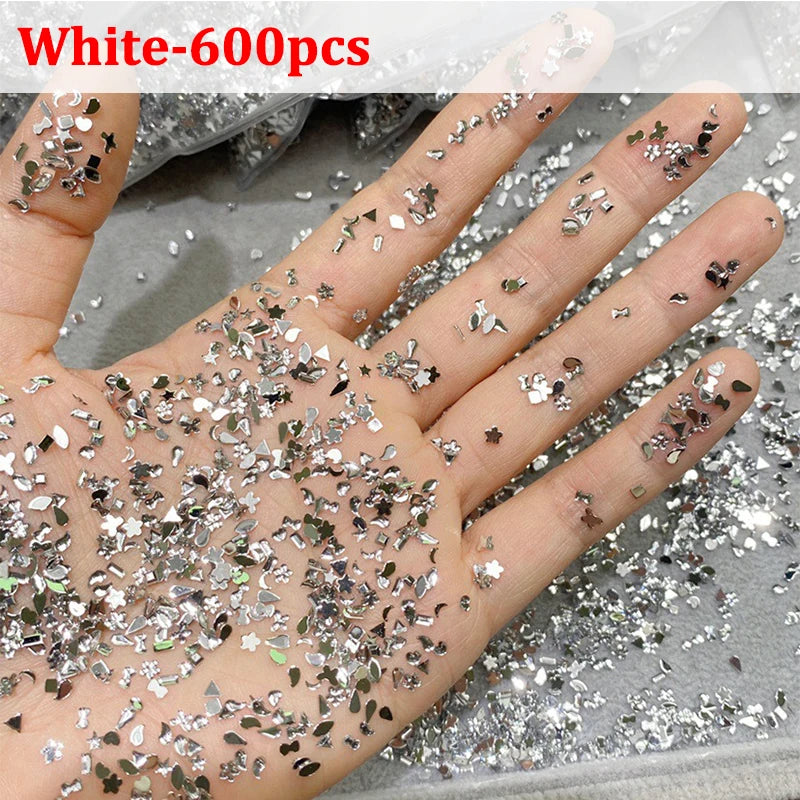 600/100pcs Mixed Shape Nail Rhinestones – Mini Flat Back Crystal Stones for 3D Nail Art Design