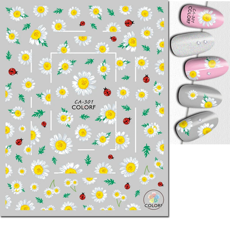 3d Nail Art Decals Summer Daisy Fruits White Florals Petals Flowers Adhesive Sliders Nail Stickers