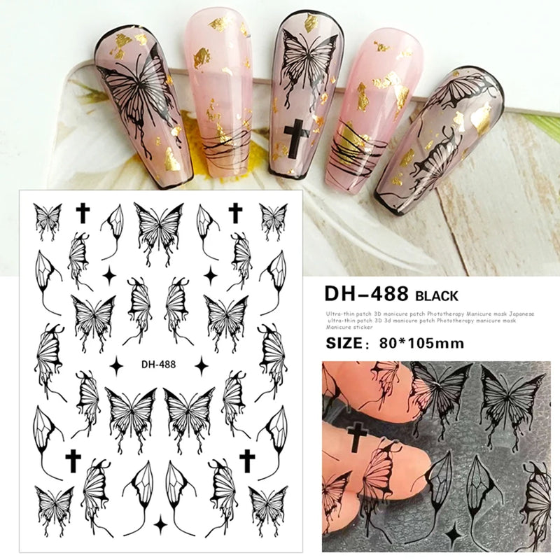 Metallic Black Butterfly 3D Nail Stickers – Dark Style Charms, Lace, Moon & Star Foil Decals