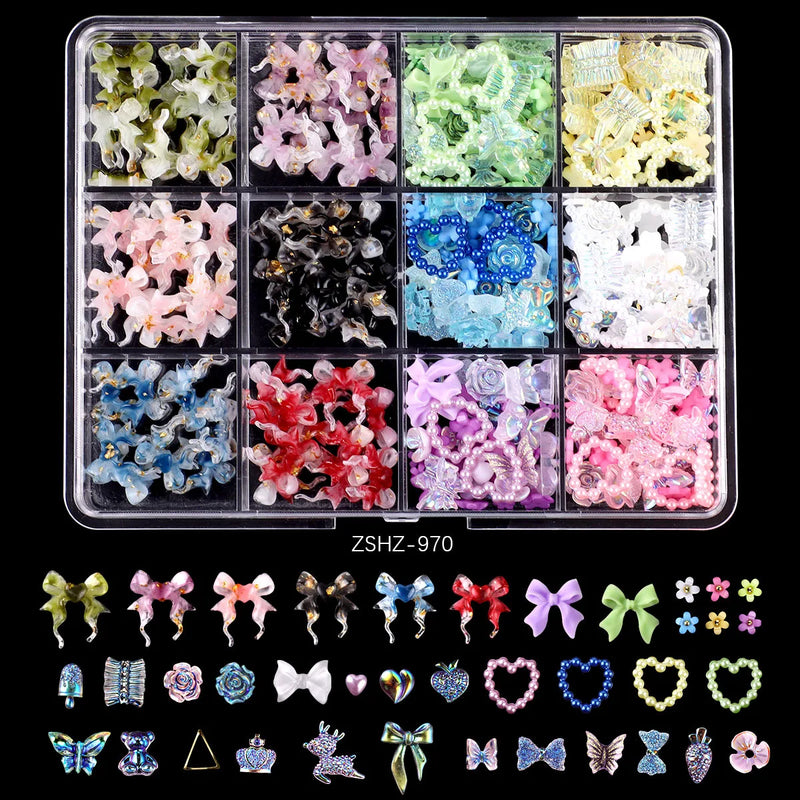 Mixed Acrylic 3D Nail Art Decorations - Flower Charms, Gold Beads, Caviar Pearls & Rhinestones