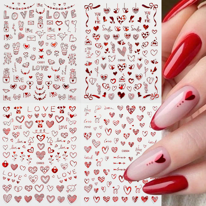 Valentine’s Day Nail Stickers – Red Lips & Love Heart Self-Adhesive Nail Decals (4/6/8/12 Pcs)