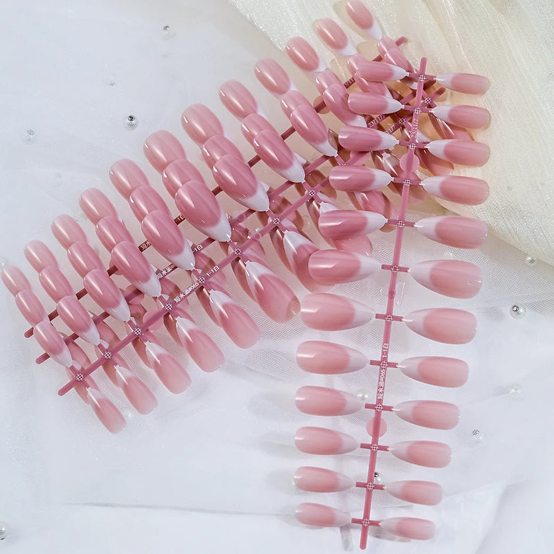 120Pcs Pink Almond French Press-On Nails – Gradient White Full Cover Acrylic Gel False Nail Tips