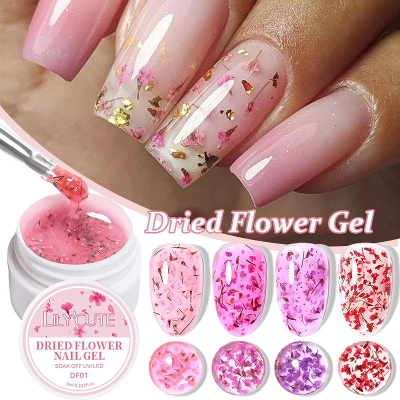 LILYCUTE 8ml Pink Dried Flower Gel Nail Polish – Natural Flower Fairy Nail Art & More