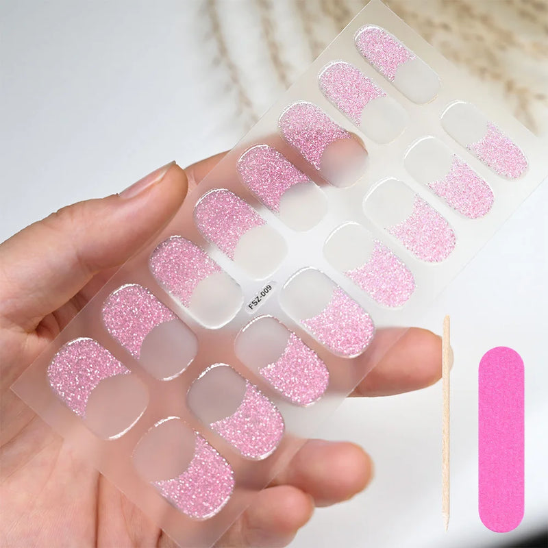 16Tips White French Semi-Cured Gel Nail Stickers – Full Cover UV Gel Nail Wraps for DIY Manicure