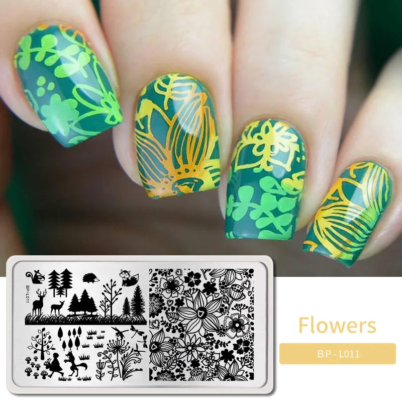 NICOLE DIARY Nail Stamping Plate – Leaves, Flowers, Geometric Stripes & More- Nail Art Stencil