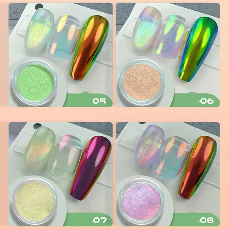 9 Colours Magic Aurora Chrome Nail Powder – Neon Chameleon Mirror Effect Glitter