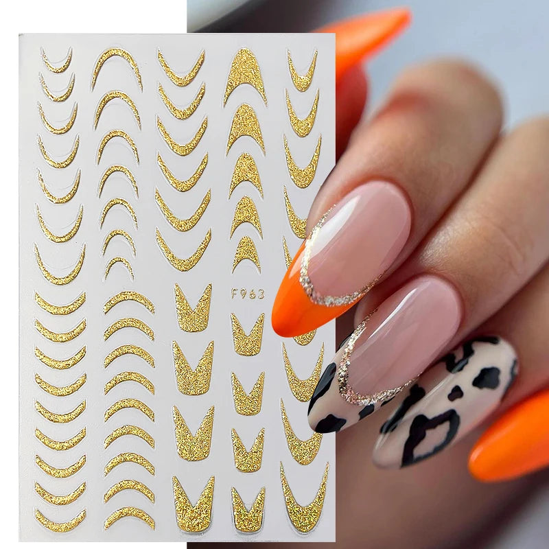 White French Tips 3D Stickers For Nails Silver Gold Stripes Geometric Wave Swirl Line Art Adhesive