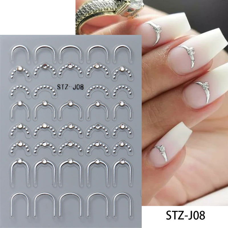 3D Rhinestone French Tip Nail Stickers – Gold & Silver Retro Wave Line Design for DIY Nail Art