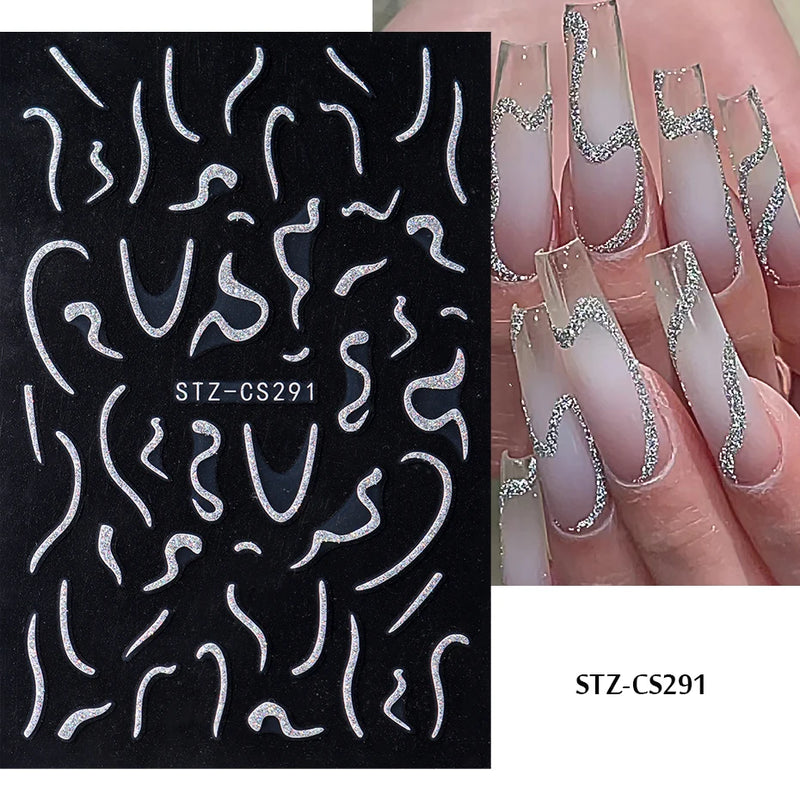 3D Rhinestone French Tip Nail Stickers – Gold & Silver Retro Wave Line Design for DIY Nail Art