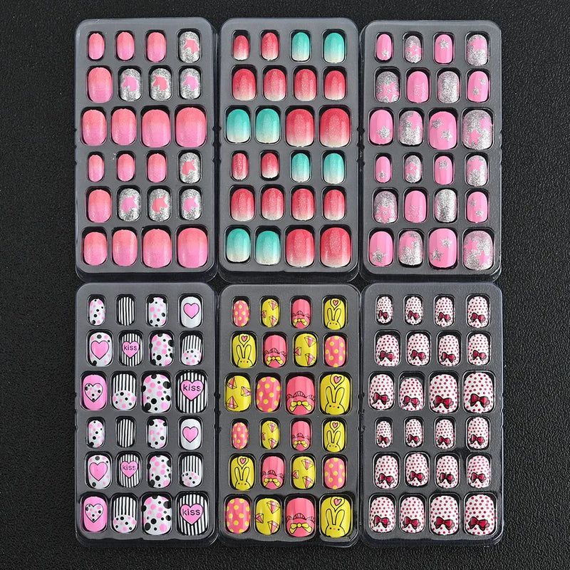 24Pcs Kids Press-On Nails – Cartoon Candy Design, Full Cover Fake Nails for Girls