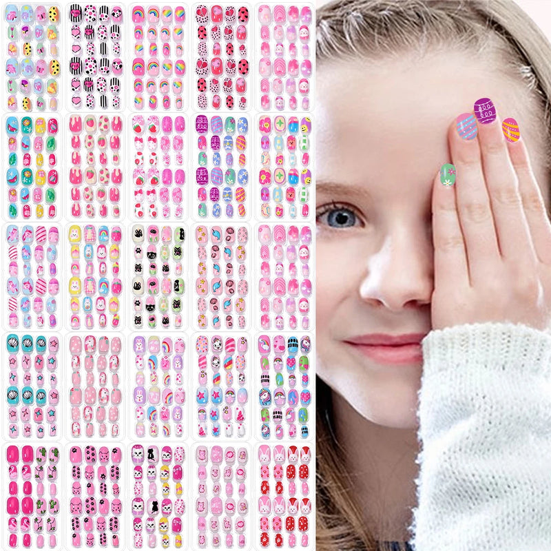 120PCS Pink Cartoon Press-On Nails for Kids – Unicorn, Cat, Bunny Full Cover False Nails