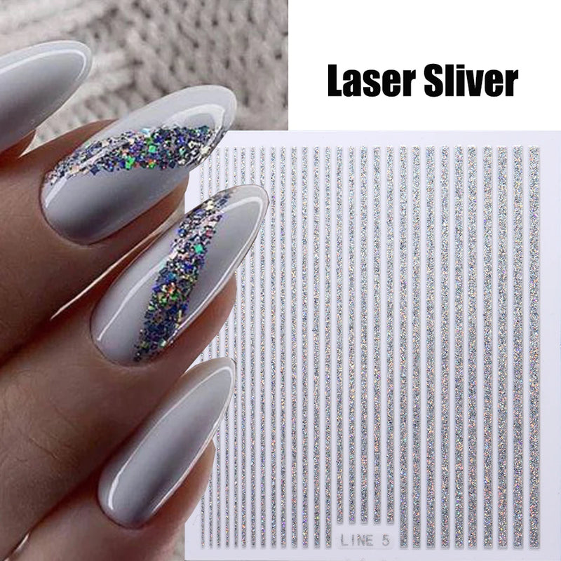 3D Rhinestone French Tip Nail Stickers – Gold & Silver Retro Wave Line Design for DIY Nail Art