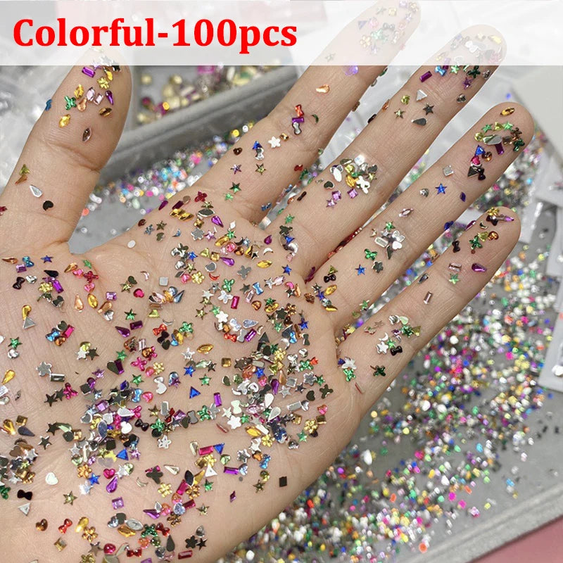 600/100pcs Mixed Shape Nail Rhinestones – Mini Flat Back Crystal Stones for 3D Nail Art Design