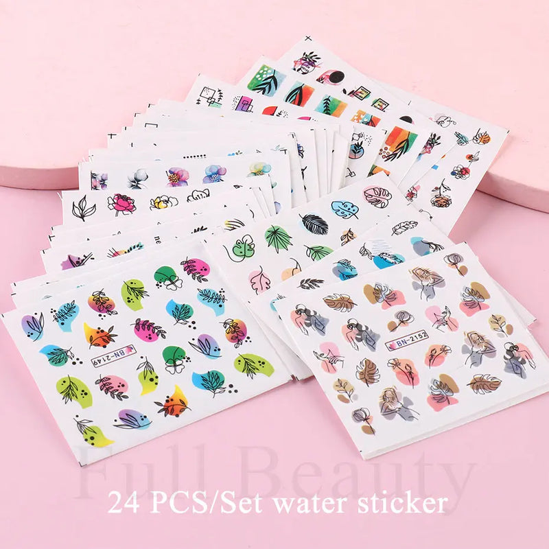 24pcs / Set Spring Summer nail Sticker Water Decal Nail Art Ink Flowers Leaves Graffiti Slider Nail