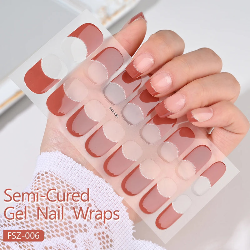 16pcs French Semi-Cured Gel Nail Stickers – White & Red Full Cover Nail Wraps