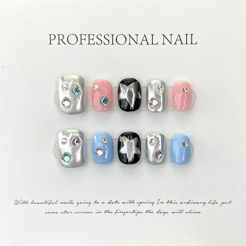 10Pcs Handmade Cute Press-On Nails – Short False Nails with 3D Star, Moon & Rhinestone Heart Design