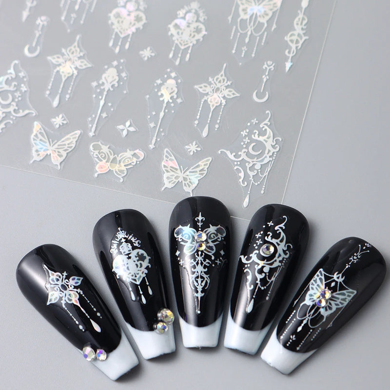 Metallic Black Butterfly 3D Nail Stickers – Dark Style Charms, Lace, Moon & Star Foil Decals