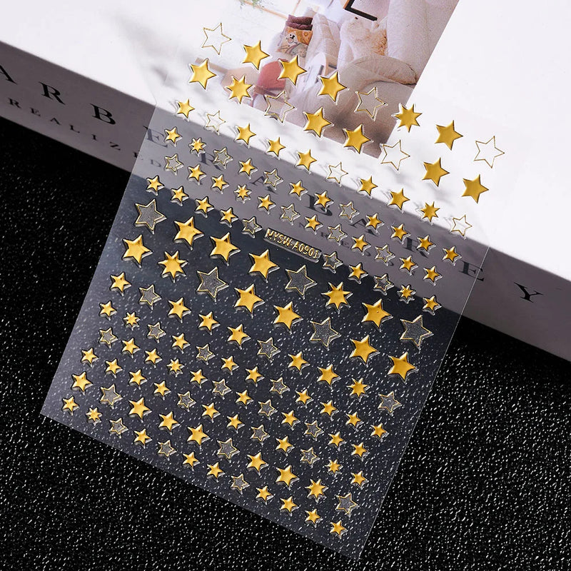 3D Gold Sun/Moon/Star Bronzing Nail Art Stickers – Gold & Silver Self-Adhesive Decals